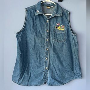 Vintage Tweety Bird Looney Tunes Sleeveless Denim Cotton Button Up Shirt‎ 22W